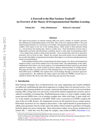 Thumbnail: A Farewell to the Bias-Variance Tradeoff? An Overview of the Theory of Overparameterized Machine Learning