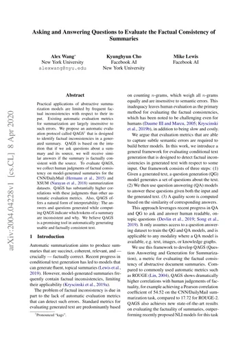 Thumbnail: Asking and Answering Questions to Evaluate the Factual Consistency of Summaries