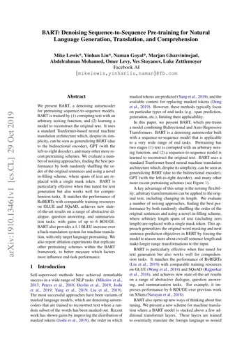 Thumbnail: BART: Denoising Sequence-to-Sequence Pre-training for Natural Language Generation, Translation, and Comprehension