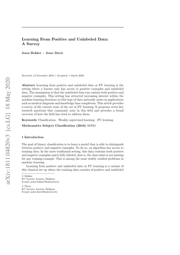Thumbnail: Learning from positive and unlabeled data: a survey