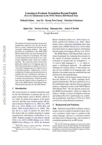 Thumbnail: Learning to Evaluate Translation Beyond English: BLEURT Submissions to the WMT Metrics 2020 Shared Task